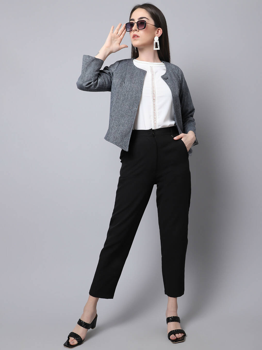 Even Apparels Grey Pure Wool Open Front Statement Jacket | Grocsy