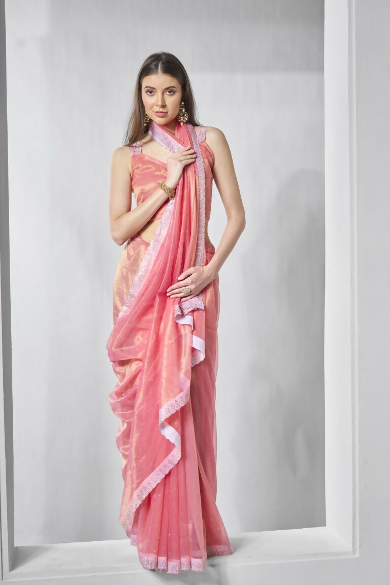 Pink Gold Tissue Net Solid & Gold Cotted Saree - Samaa | Grocsy