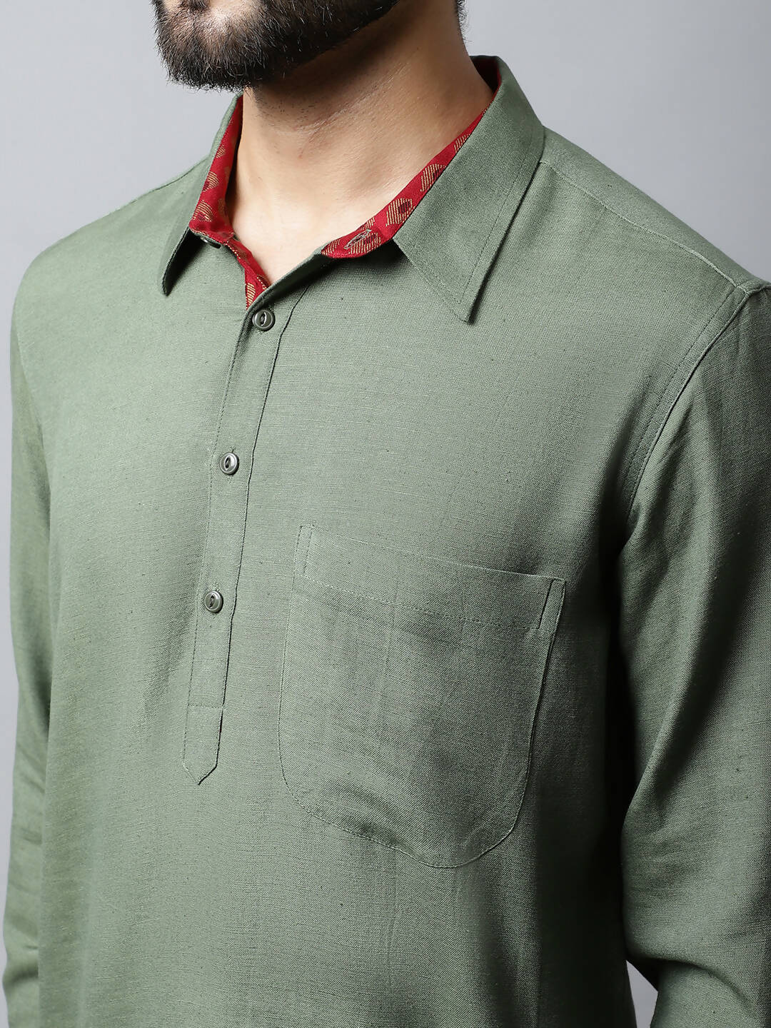 Even Apparels Green Color Linen Solid Men's Kurta With Shirt Collar (LN944) | Grocsy