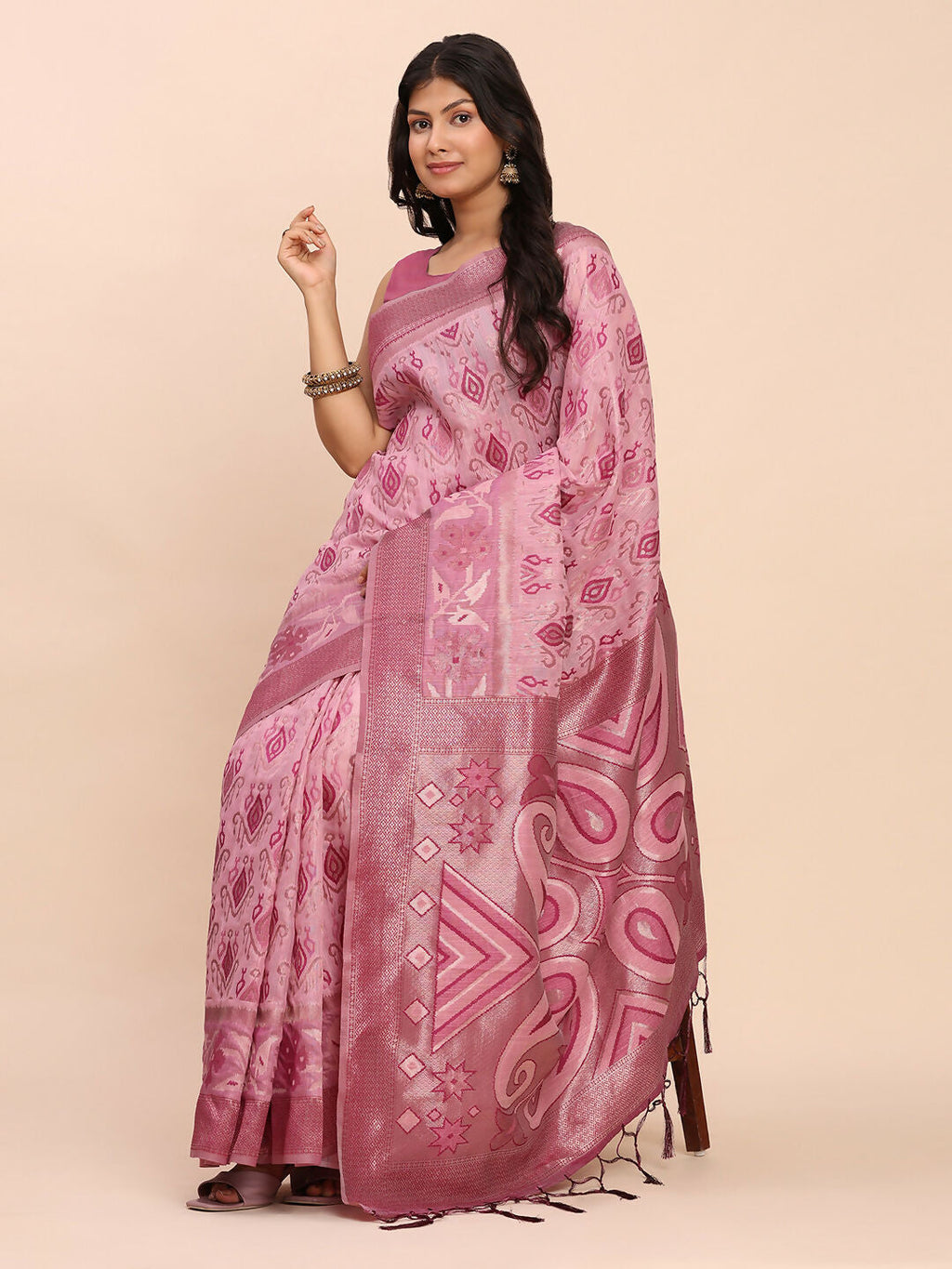 Shree Shyam Fashion Linen Cotton Light Pink Saree | Grocsy