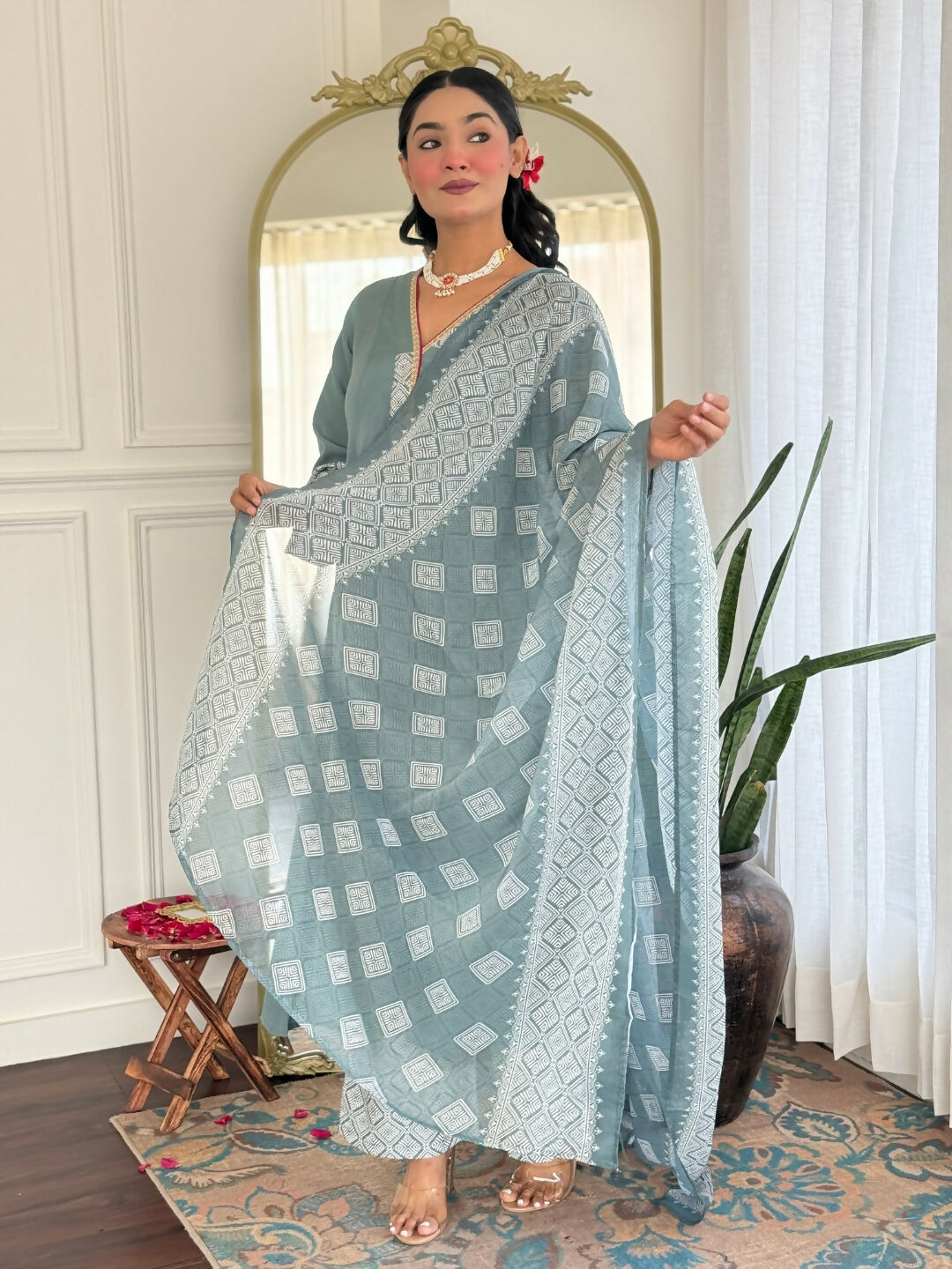 The52 Women's Beautiful Rayon Fabric Embroidery Work A-Line Kurta Pant and Dupatta Set | Grocsy