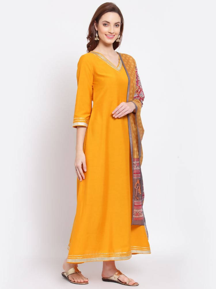Myshka Women's Yellow Printed Silk Blend 3/4 Sleeve V Neck Casual Kurta Dupatta Set | Grocsy