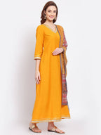 Myshka Women's Yellow Printed Silk Blend 3/4 Sleeve V Neck Casual Kurta Dupatta Set | Grocsy