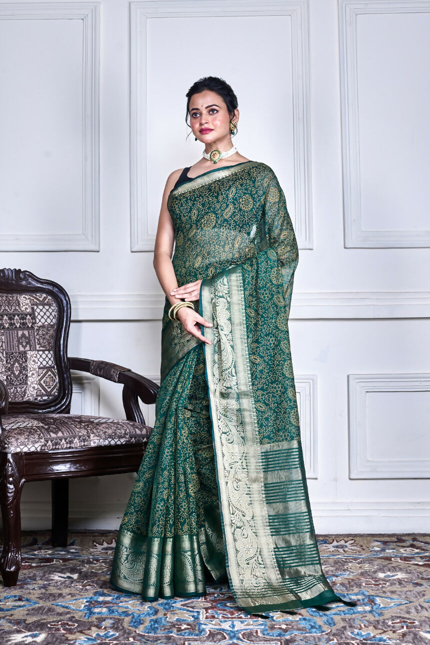 Morchari Green Script Printed Orzanga Saree Unstitched Blouse | Grocsy