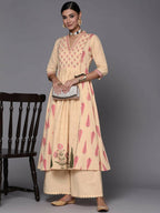 Ahalyaa Women Cream-Coloured & Pink Floral Print Pure Cotton Anarkali Kurta with Palazzos | Grocsy