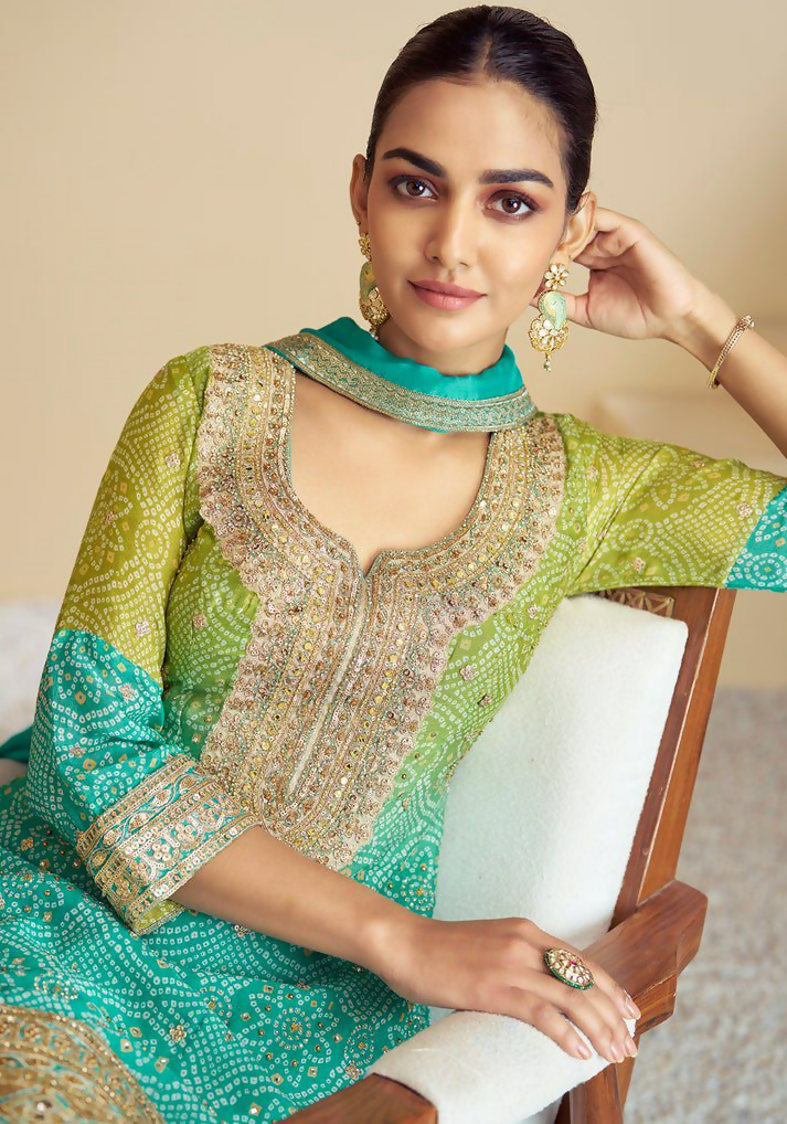 Lorenvalley Fashion Green and Teal Chinon Embroidery With Sequince Work Salwar Kameez Stitched | Grocsy