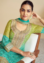 Lorenvalley Fashion Green and Teal Chinon Embroidery With Sequince Work Salwar Kameez Stitched | Grocsy