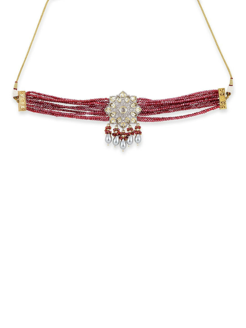 Maroon Kundan Choker with Pearl Drops- Ruby Raang | Grocsy