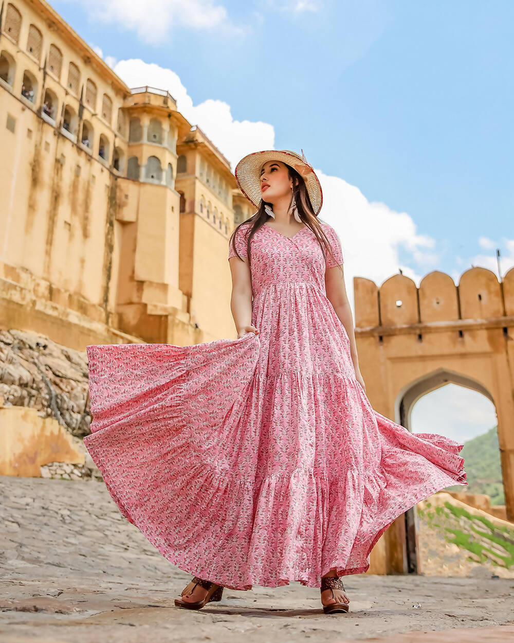 Designer Partywear Printed Pink Pure Maslin Gown - Anbazaar | Grocsy
