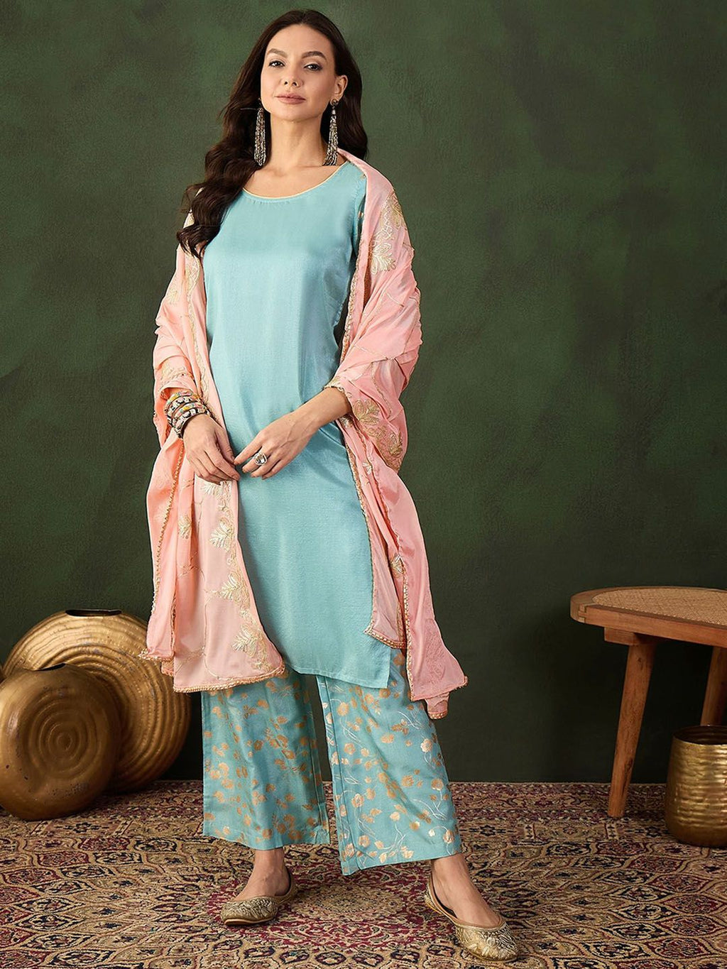 Sangria Woven Design Kurta & Palazzo With Dupatta | Grocsy