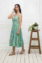 Myshka Women Green Floral Cotton A-Line Round Neck Long Dress | Grocsy