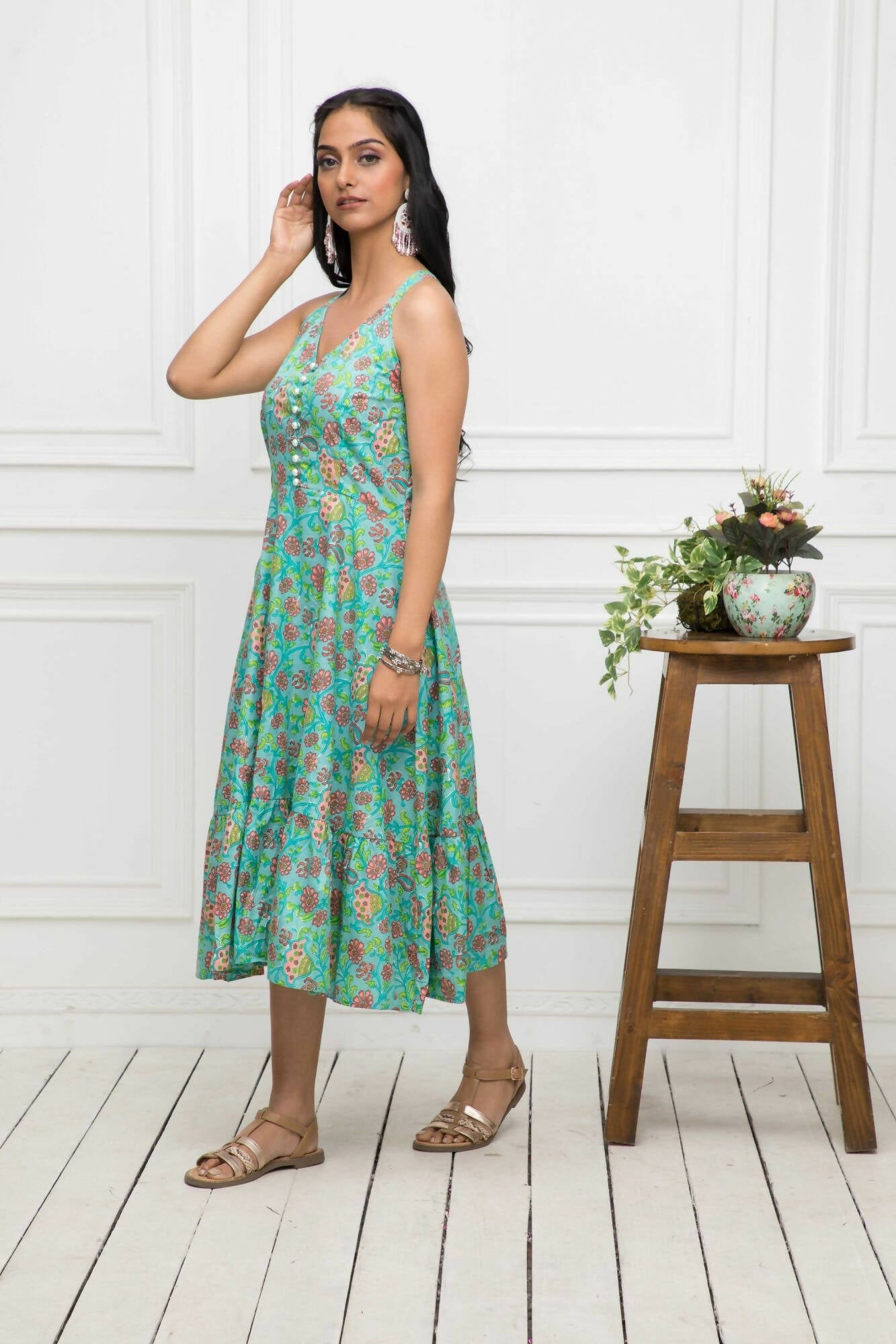 Myshka Women Green Floral Cotton A-Line Round Neck Long Dress | Grocsy