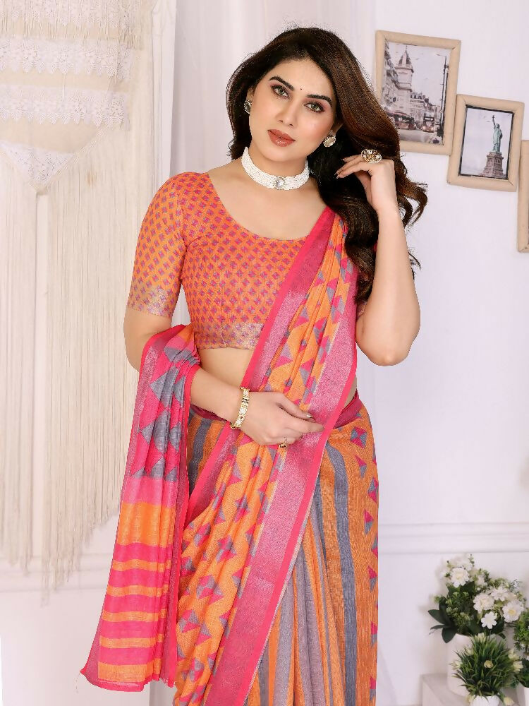 PR Fashion Orange Handloom Linen Cotton Zari Saree | Grocsy