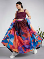 House of Panchhi Multi colour Organza Abstrack design digital print Semi-Stitched Lehenga choli & Dupatta | Grocsy
