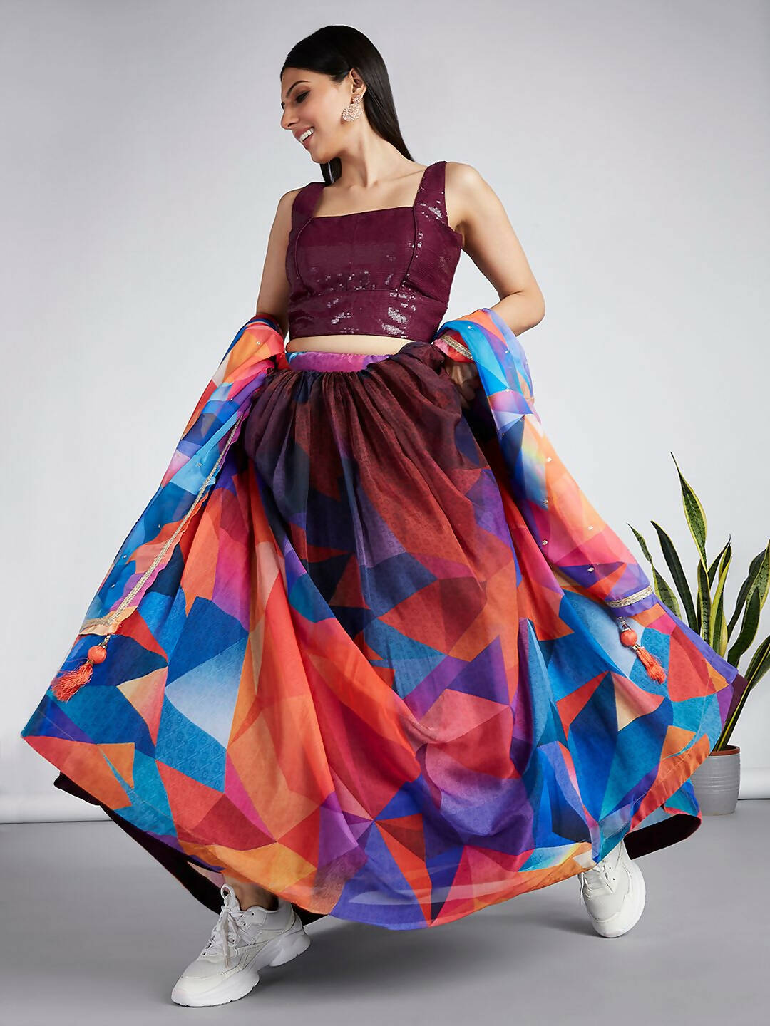 House of Panchhi Multi colour Organza Abstrack design digital print Semi-Stitched Lehenga choli & Dupatta | Grocsy