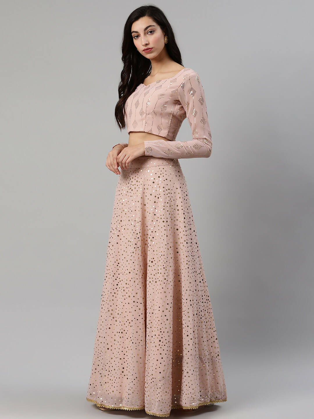 Dusty Pink Georgette Sequence Work And Glistening Embellishments Lehenga Choli with Dupatta - Jivika | Grocsy