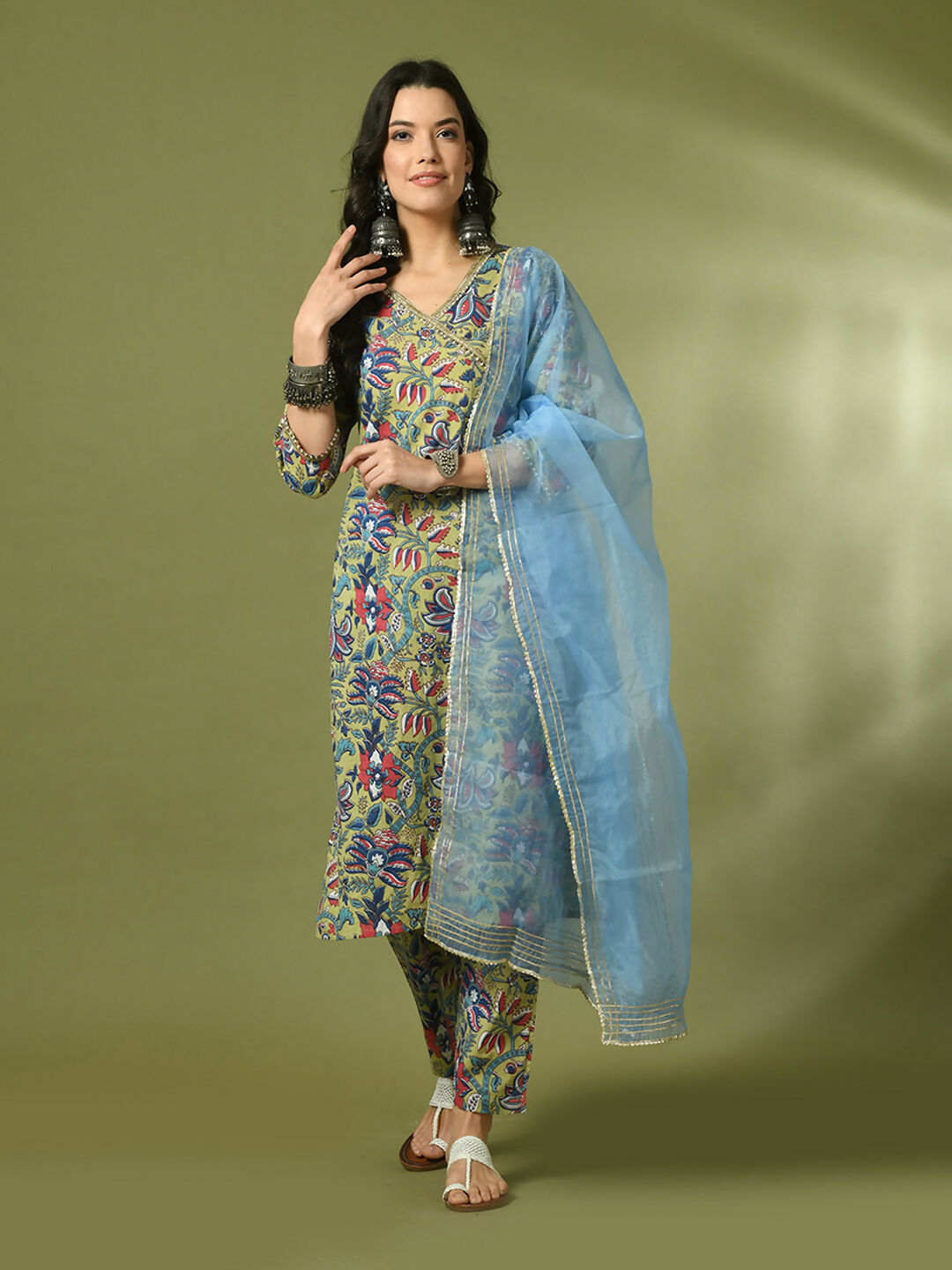 Myshka Women's Multi Printed Cotton Straight Party Kurta Set With Dupatta | Grocsy