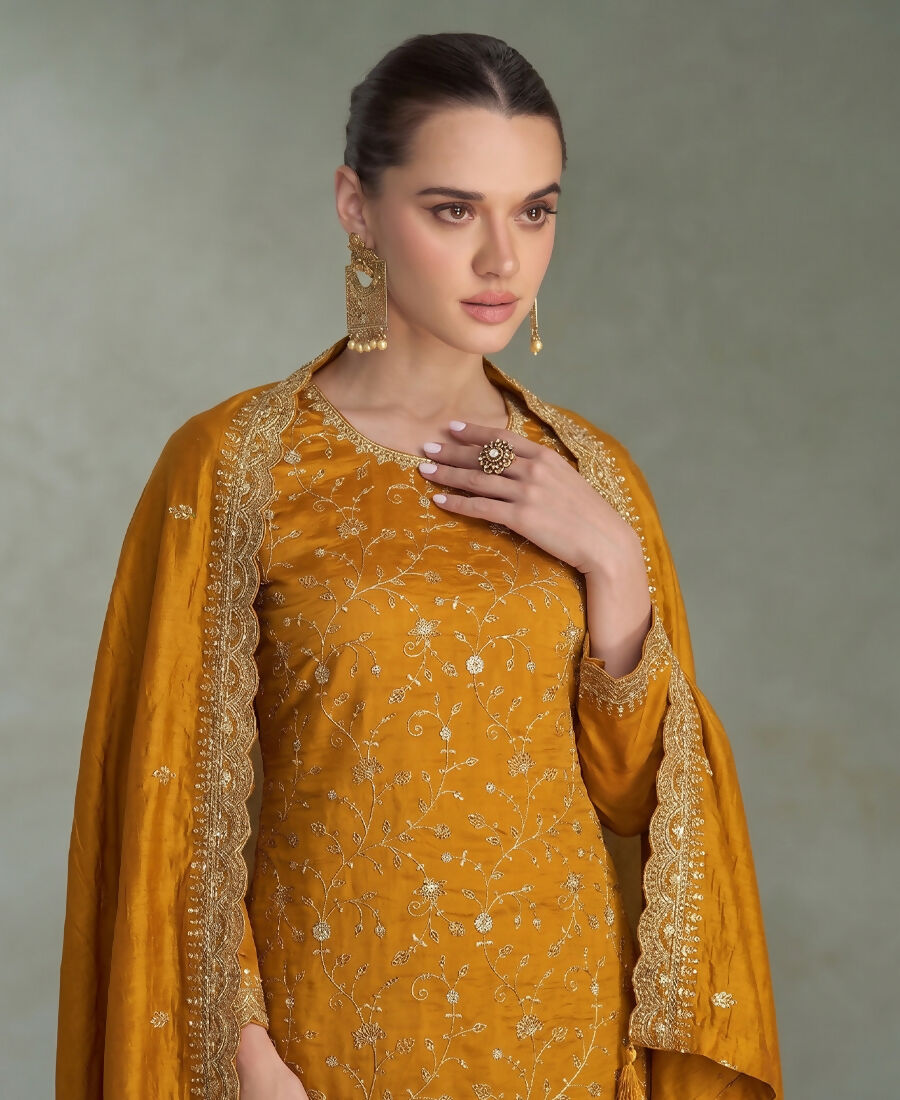 KC Yellow Silk Straight Suit For Women Heavy Embroidery Work | Grocsy