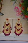 Meenakari Work Gold-Polished 2 Layered Beaded Maroon Chandbali Earrings with Kundan and Pearl Work By House of Ree - House of Ree