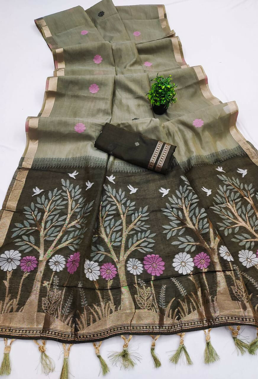 Vastranavya Grey Muga Cotton Meenakari & Azarakh Pallu Saree with Contrast Blouse | Grocsy