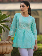 Juniper Women's Aqua Cambric Floral Printed Tunic | Grocsy