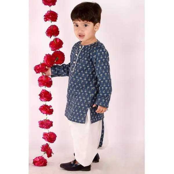 Little Bansi Girls Indigo and White Cplor Bengali Kantha work floral kurta with Dhoti | Grocsy