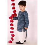Little Bansi Girls Indigo and White Cplor Bengali Kantha work floral kurta with Dhoti | Grocsy