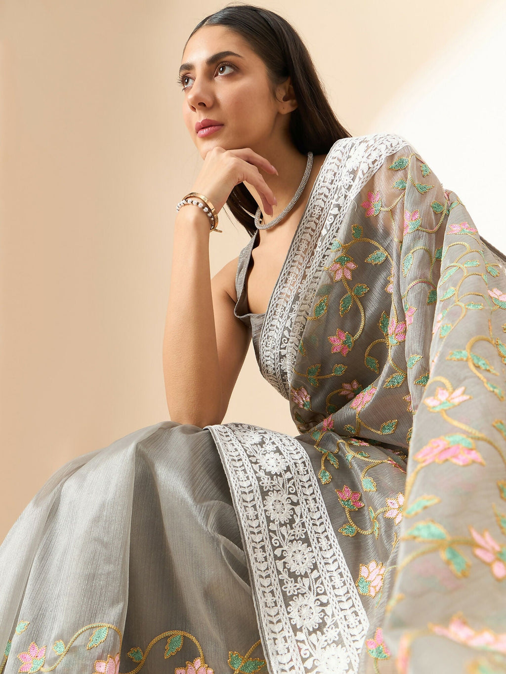 Grey Organza Floral Embroidered Saree with Unstitched Blouse Piece - Roozal | Grocsy