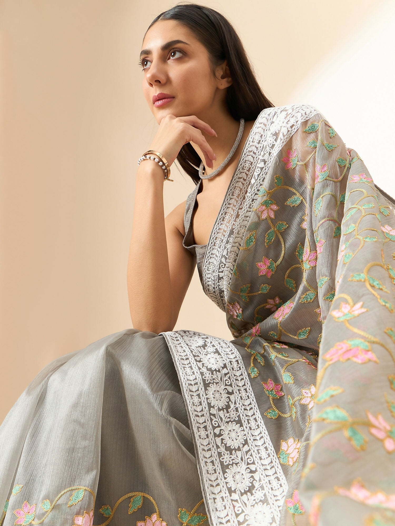 Grey Organza Floral Embroidered Saree with Unstitched Blouse Piece - Roozal | Grocsy