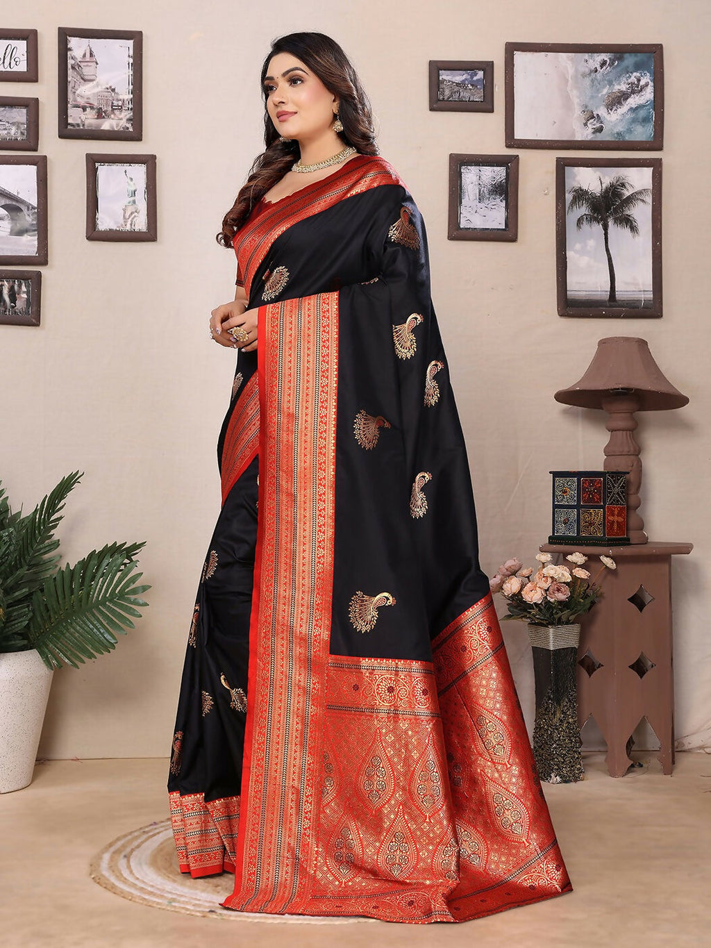 Joban Fashion Banarasi Black Small Butti Soft Silk Saree | Grocsy