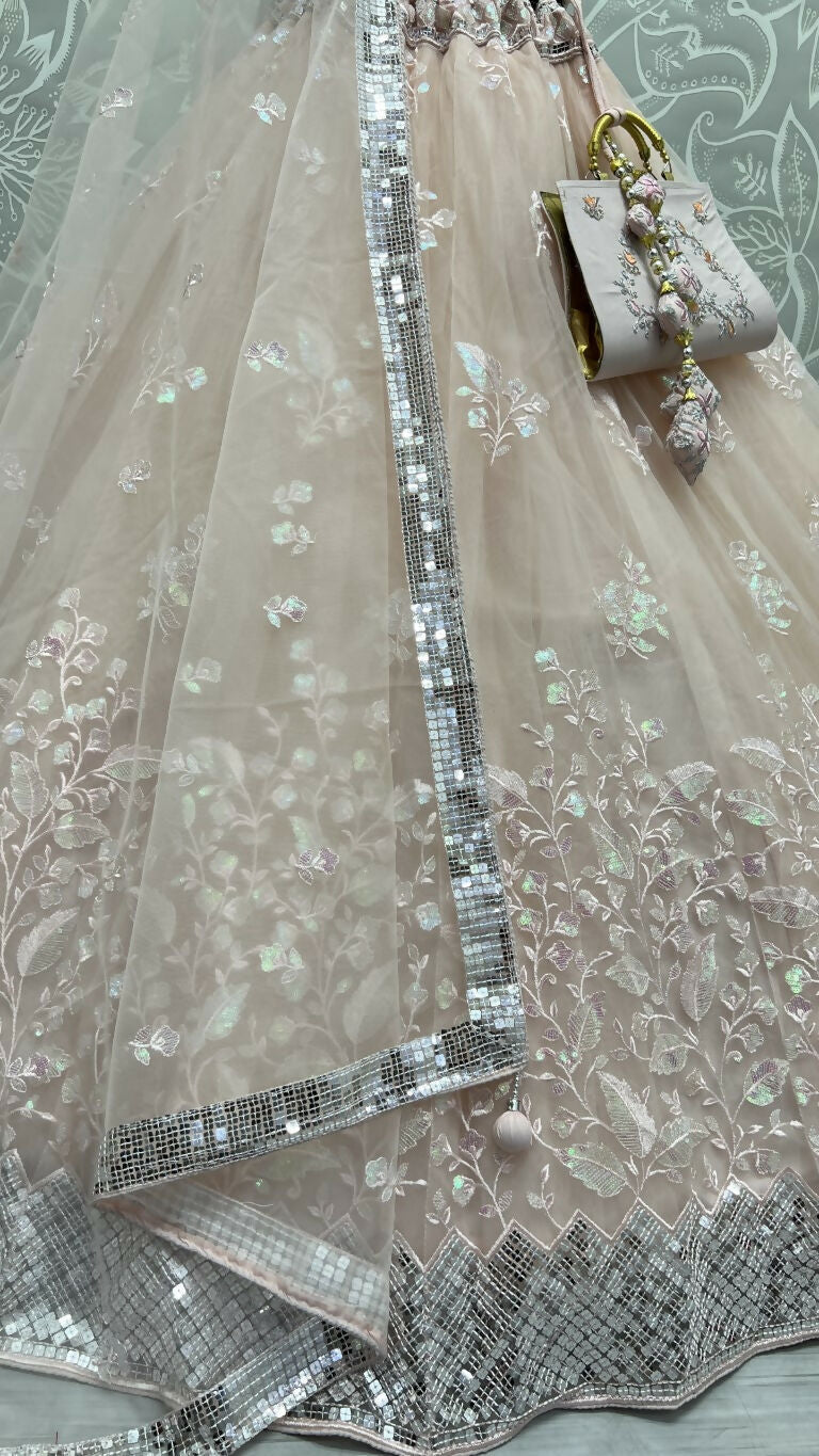 Jyoti Fashion Women's Peach Bridal Net Fancy Sequins with Multi Thread Embroidered Wedding Lehenga Choli | Grocsy