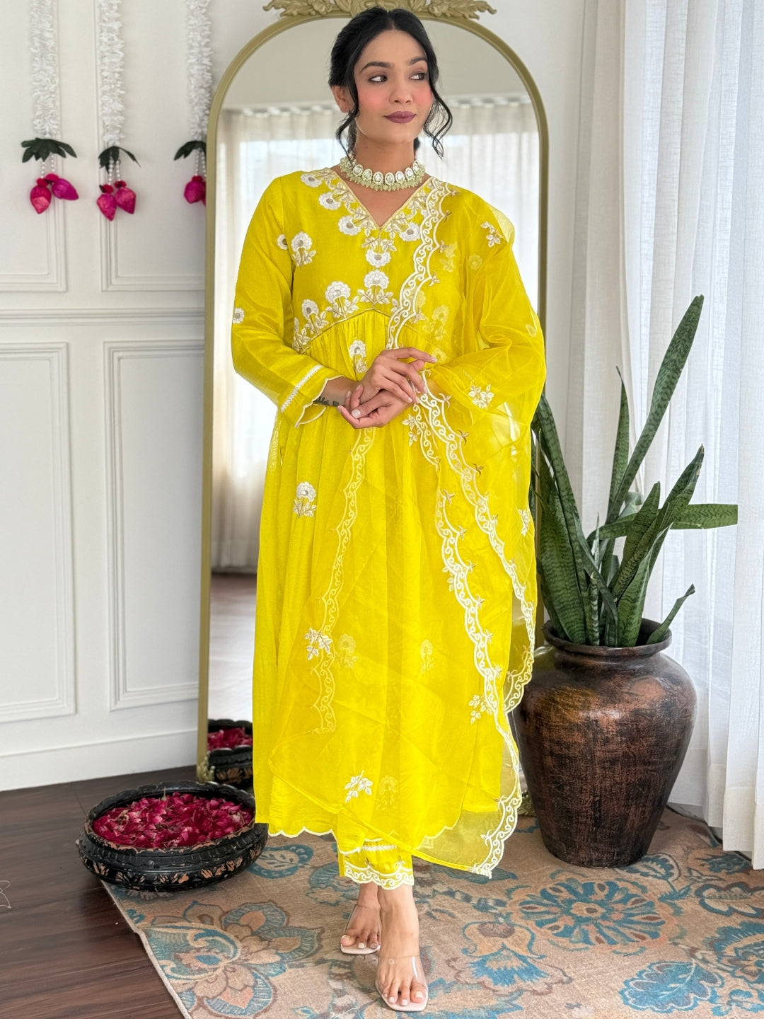 The52 Women's Gorgeous Vichitra Silk Embroidery Flared Kurta with Pant And Dupatta Set | Grocsy