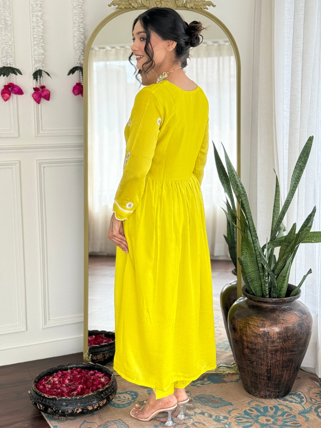 The52 Women's Gorgeous Vichitra Silk Embroidery Flared Kurta with Pant And Dupatta Set | Grocsy