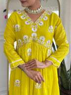 The52 Women's Gorgeous Vichitra Silk Embroidery Flared Kurta with Pant And Dupatta Set | Grocsy