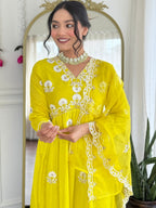 The52 Women's Gorgeous Vichitra Silk Embroidery Flared Kurta with Pant And Dupatta Set | Grocsy