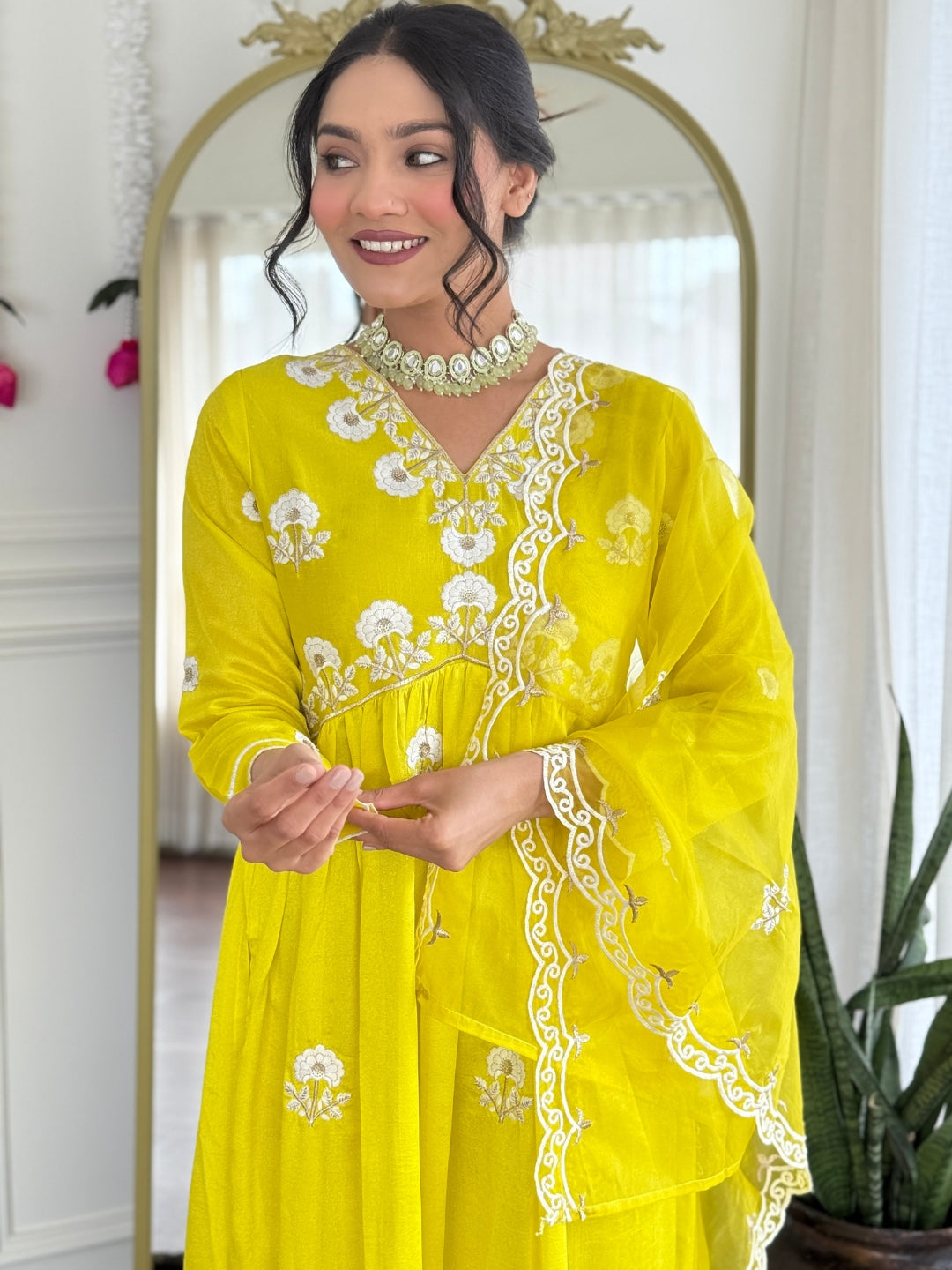 The52 Women's Gorgeous Vichitra Silk Embroidery Flared Kurta with Pant And Dupatta Set | Grocsy