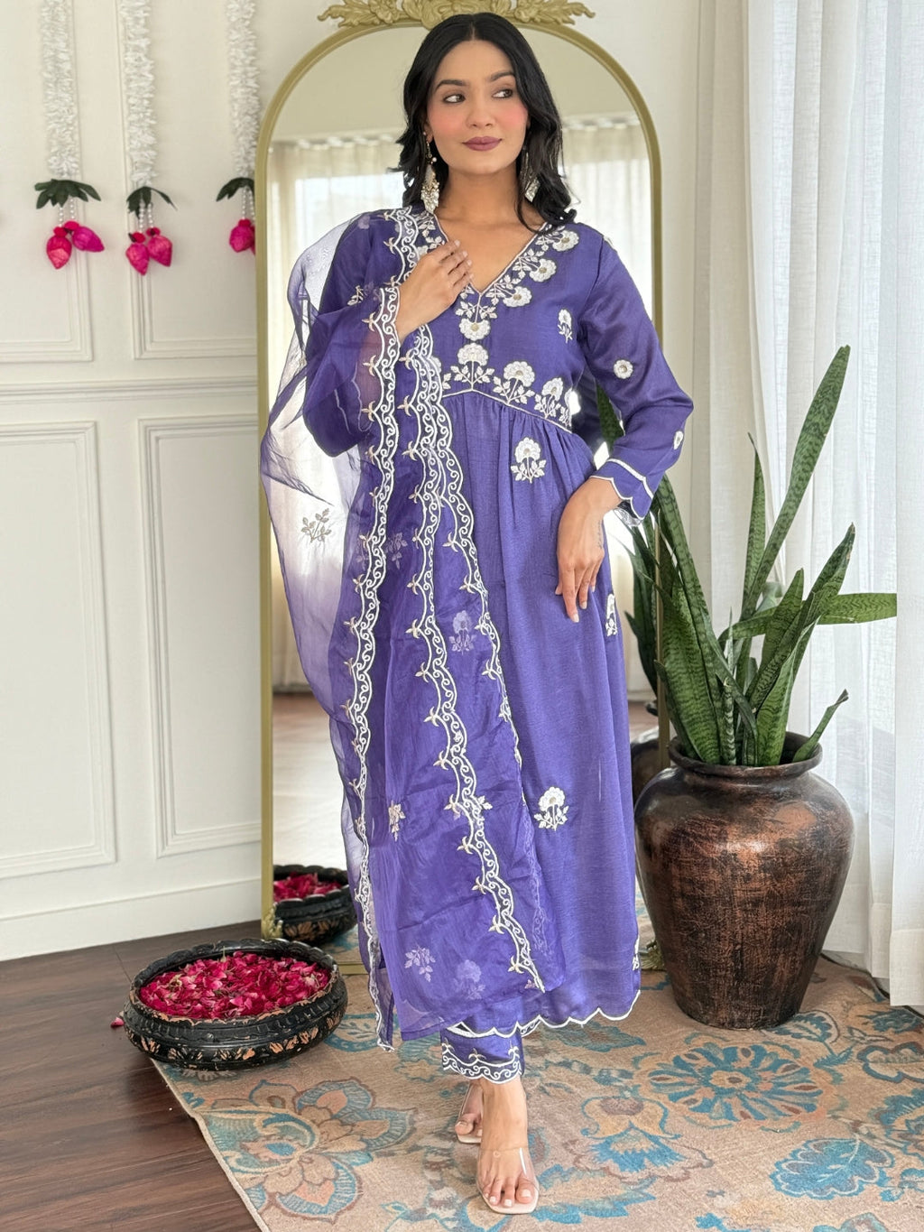 The52 Women's Gorgeous Vichitra Silk Embroidery Flared Kurta with Pant And Dupatta Set | Grocsy