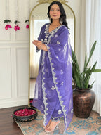 The52 Women's Gorgeous Vichitra Silk Embroidery Flared Kurta with Pant And Dupatta Set | Grocsy