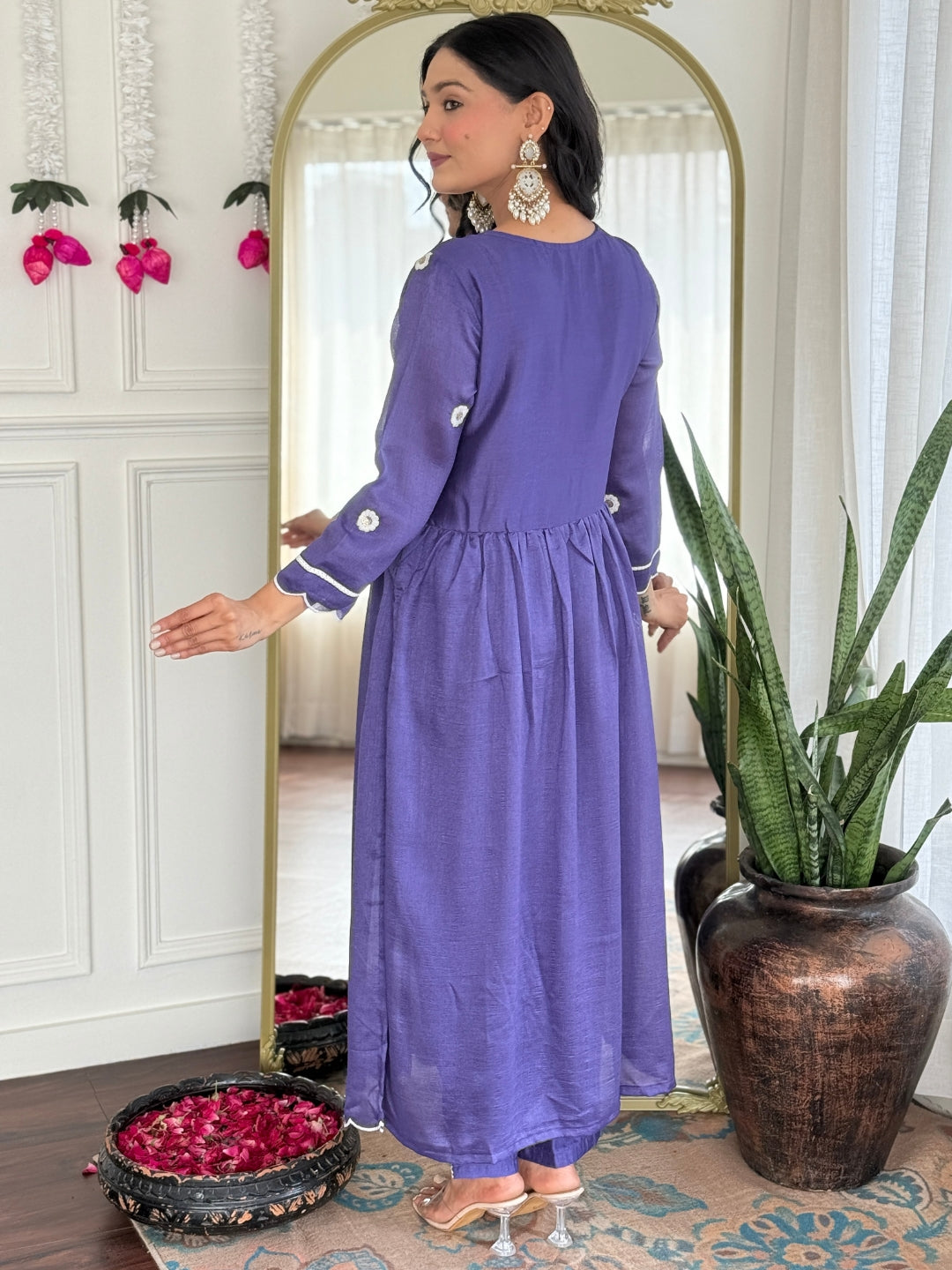 The52 Women's Gorgeous Vichitra Silk Embroidery Flared Kurta with Pant And Dupatta Set | Grocsy
