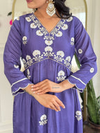 The52 Women's Gorgeous Vichitra Silk Embroidery Flared Kurta with Pant And Dupatta Set | Grocsy