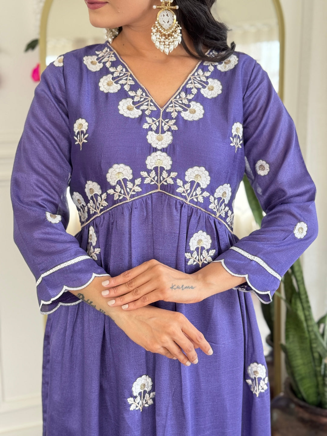 The52 Women's Gorgeous Vichitra Silk Embroidery Flared Kurta with Pant And Dupatta Set | Grocsy