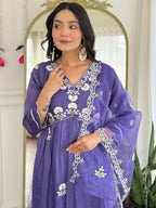 The52 Women's Gorgeous Vichitra Silk Embroidery Flared Kurta with Pant And Dupatta Set | Grocsy