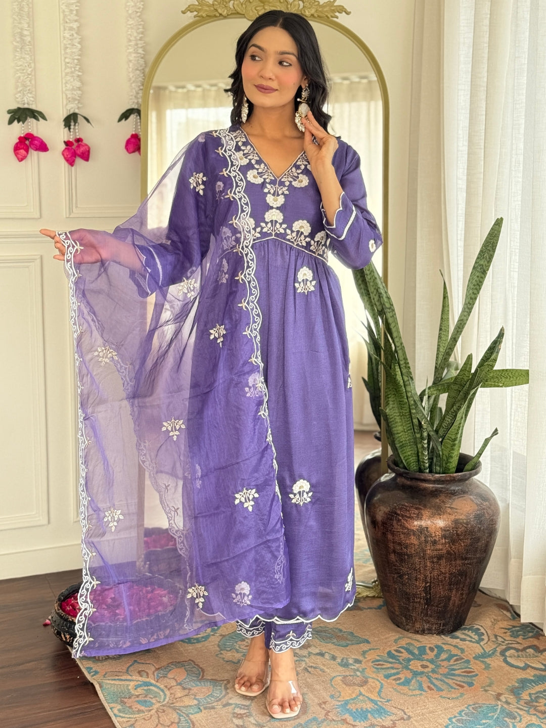 The52 Women's Gorgeous Vichitra Silk Embroidery Flared Kurta with Pant And Dupatta Set | Grocsy