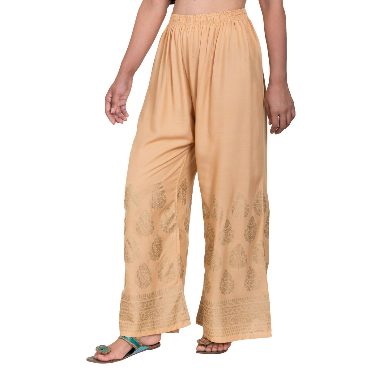 PAVONINE Beige Color Golden Printed Rayon Fabric Sharara For Women & Girls | Grocsy