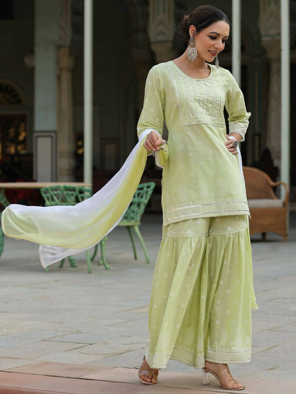 Juniper Women's Lime Green Cambric Floral Print Kurta Sharara Sets | Grocsy