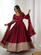 The52 Women's Gorgeous Chinon Silk Fabric Embroidery Work Flared Anarkali Pant and Dupatta Set | Grocsy