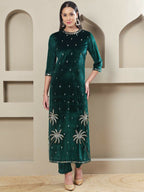 Joban Fashion Women Green Velvet Hand Embellishment Stitched Kurta Set | Grocsy