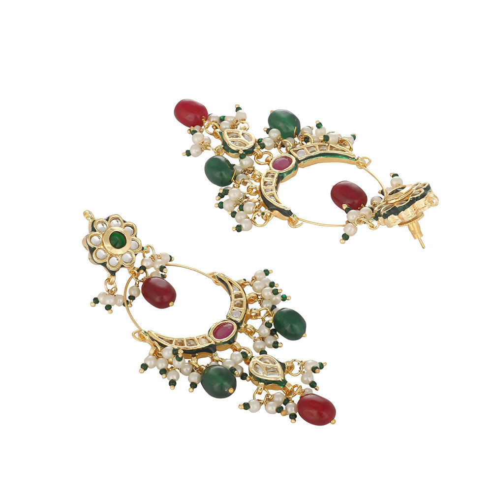Nuyug 22K Gold Plated Crescent Kundan Drop Green Stone Chandbali Earrings | Grocsy