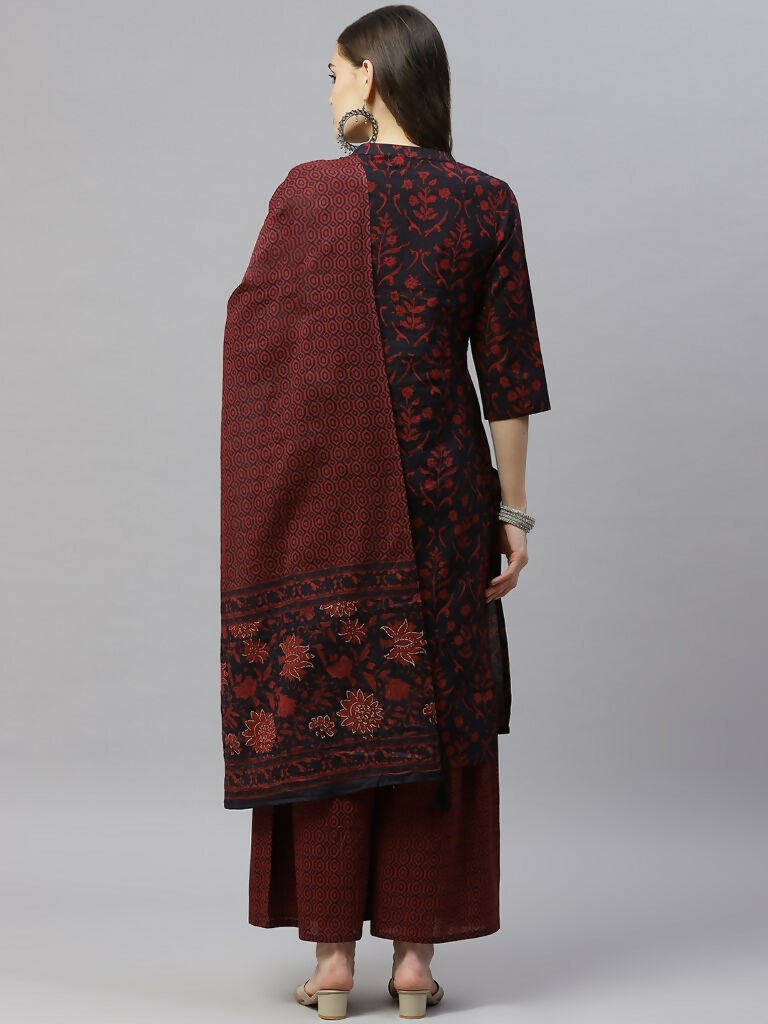 Miravan Women's Cotton Floral Print Straight Kurta Sharara And Dupatta Set | Grocsy