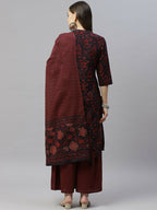 Miravan Women's Cotton Floral Print Straight Kurta Sharara And Dupatta Set | Grocsy